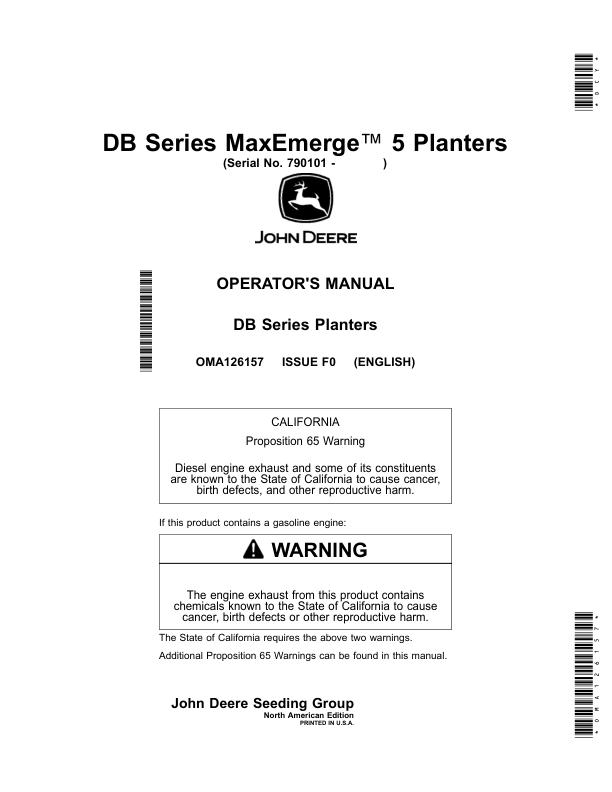 John Deere DB44, DB60, DB66, DB80, DB88, DB90, DB120 DB Series MaxEmerge 5 Planters (790101-) Operator's Manual (OMA126157)