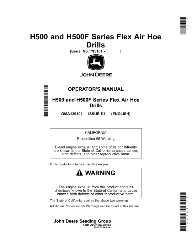 John Deere H541, H550, H540F, H550F, H560F (H500, H500F Series) Flex Air Hoe Drills (795101-805100) (North America) Operator's Manual (OMA129191)