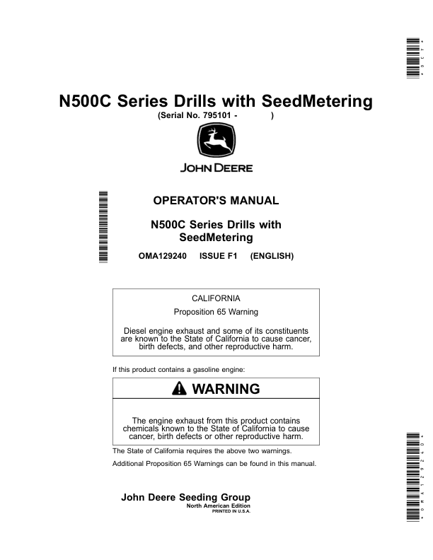John Deere N530C, N536C, N540C, N542C (N500C Series) Drills with SeedMetering (795101-) (North American) Operator's Manual (OMA129240)