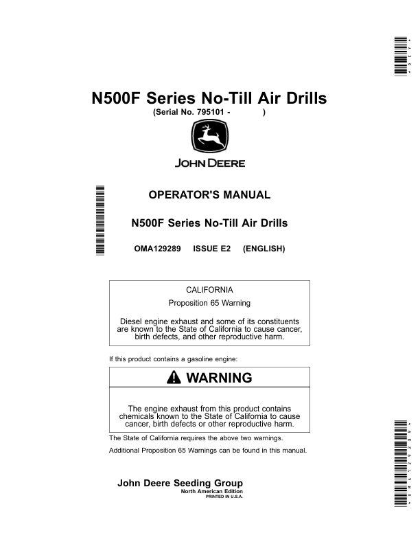 John Deere N500F Series No-Till Air Drills (795101-) (North American) Operator's Manual (OMA129289)