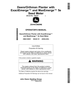 John Deere Deere/Orthman Planter with ExactEmerge, MaxEmerge 5e Seed Meter (795101-) (North America) Operator's Manual (OMA129851)