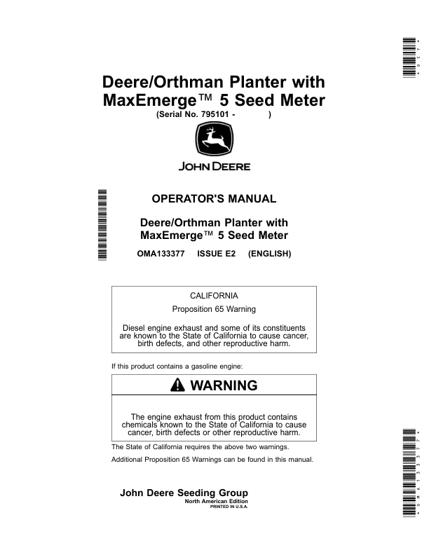 John Deere Deere/Orthman Planter with MaxEmerge 5 Seed Meter (795101-) (North American) Operator's Manual (OMA133377)