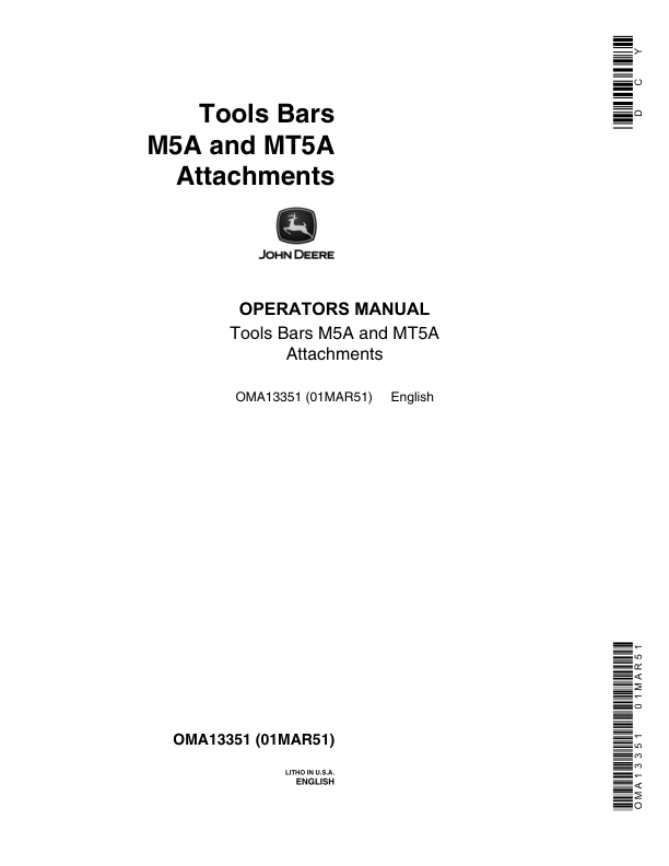 John Deere Integral Tools Bar - M5A, MT5A Attachments Operator's Manual (OMA13351)