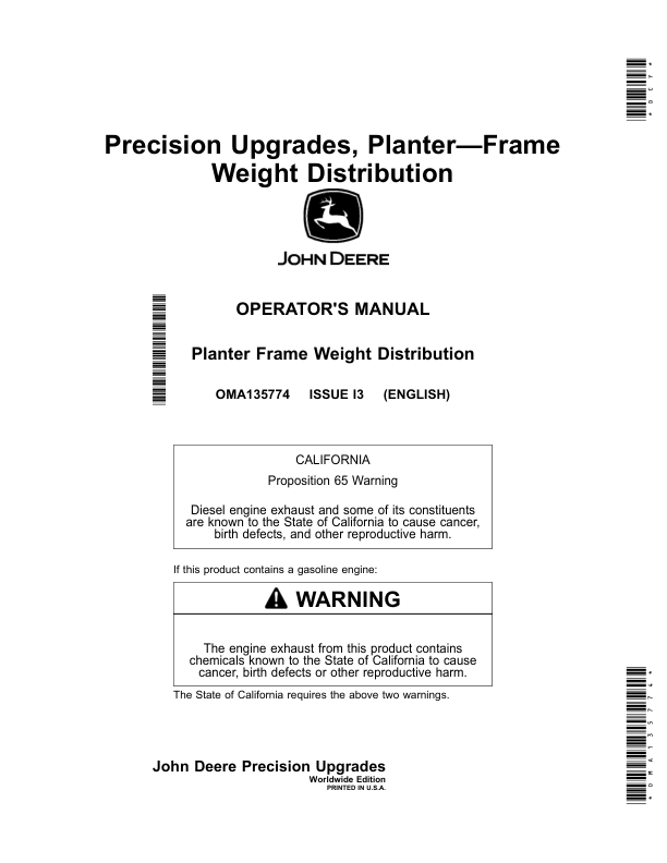 John Deere Planter Frame Weight Distribution (Worldwide Edition) Operator's Manual (OMA135774)