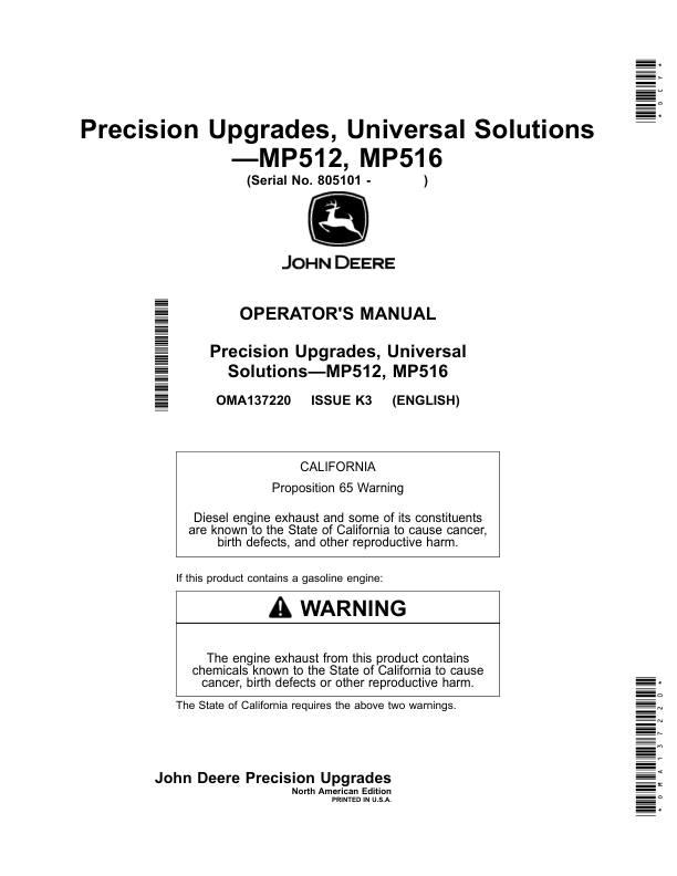 John Deere Precision Upgrades, Universal Solutions - MP512, MP516 (805101-) Operator's Manual (OMA137220)