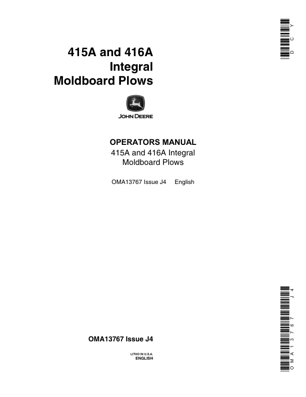 John Deere 415A, 416A Integral Moldboard Plows Operator's Manual (OMA13767)