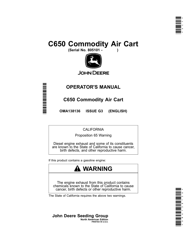 John Deere C650 Commodity Air Cart (805101-) (North American) Operator's Manual (OMA138136)