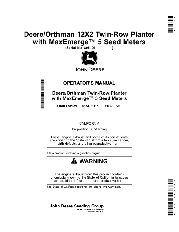 John Deere Deere/Orthman 12X2 Twin-Row Planter with MaxEmerge 5 Seed Meters (805101-) (North American) Operator's Manual (OMA138939)