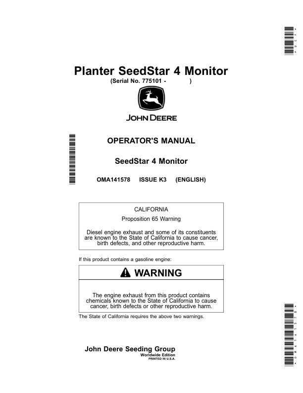 John Deere Planter SeedStar 4 Monitor (775101-) (Worldwide Edition) Operator's Manual (OMA141578)