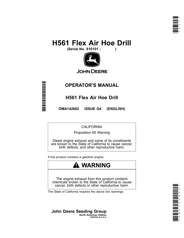 John Deere H561 Flex Air Hoe Drill (Serial No. 810101-) (North American) Operator's Manual (OMA142662)