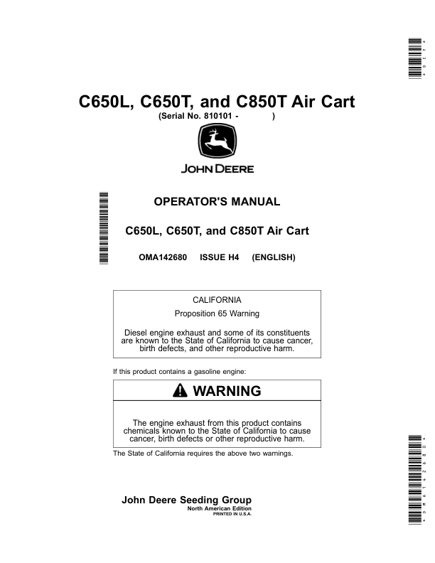 John Deere C650L, C650T, C850T Air Cart (810101-) (North American) Operator's Manual (OMA142680)