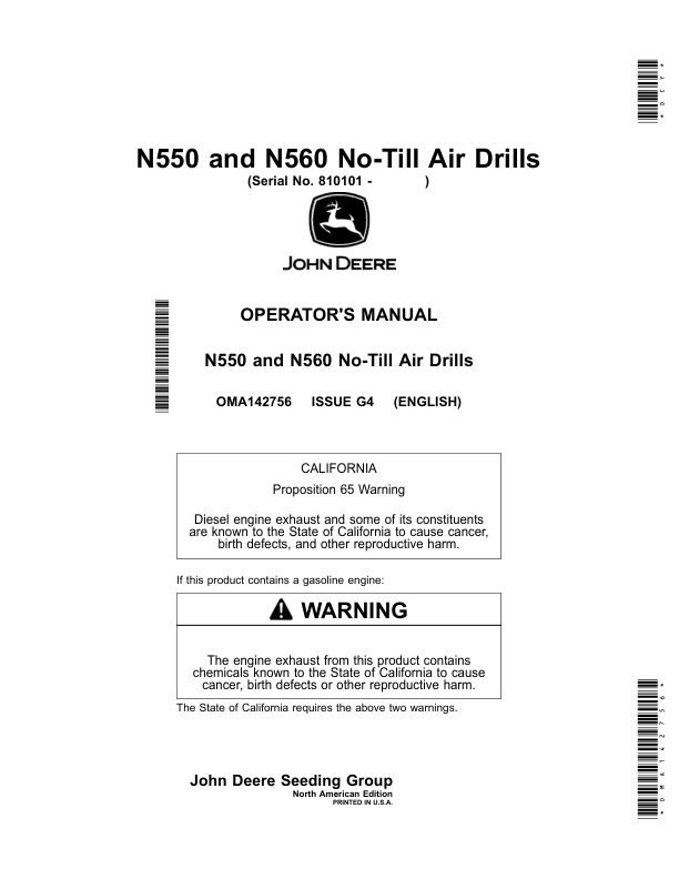 John Deere N550, N560 No-Till Air Drills (Serial No. 810101-) (North American) Operator's Manual (OMA142756)