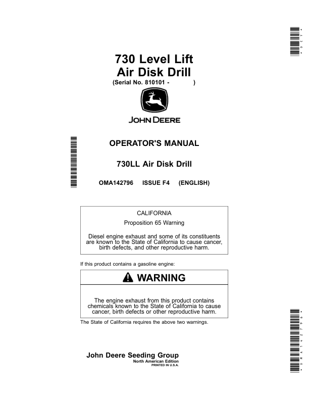 John Deere 730 Level Lift Air Disk Drill (810101-) (North American) Operator's Manual (OMA142796)