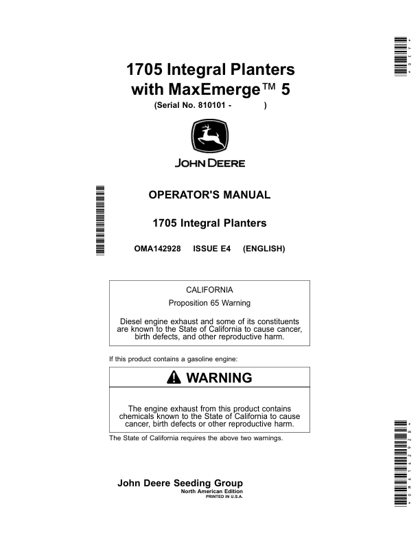 John Deere 1705, 1735 Integral Planters with MaxEmerge 5 (801101-) (North American) Operator's Manual (OMA142928)