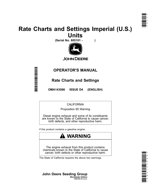 John Deere Rate Charts, Settings Imperial (U.S.) Units (810101-) (Worldwide Edition) Operator's Manual (OMA143066)