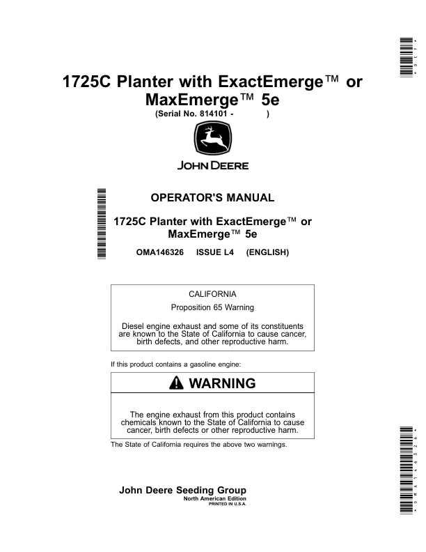 John Deere 1725C Planter with ExactEmerge or MaxEmerge 5e (Serial No. 814101-) Operator's Manual (OMA146326)