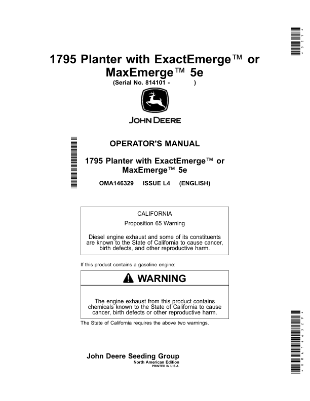 John Deere 1795 Planter with ExactEmerge or MaxEmerge 5e (Serial No. 814101-) Operator's Manual (OMA146329)