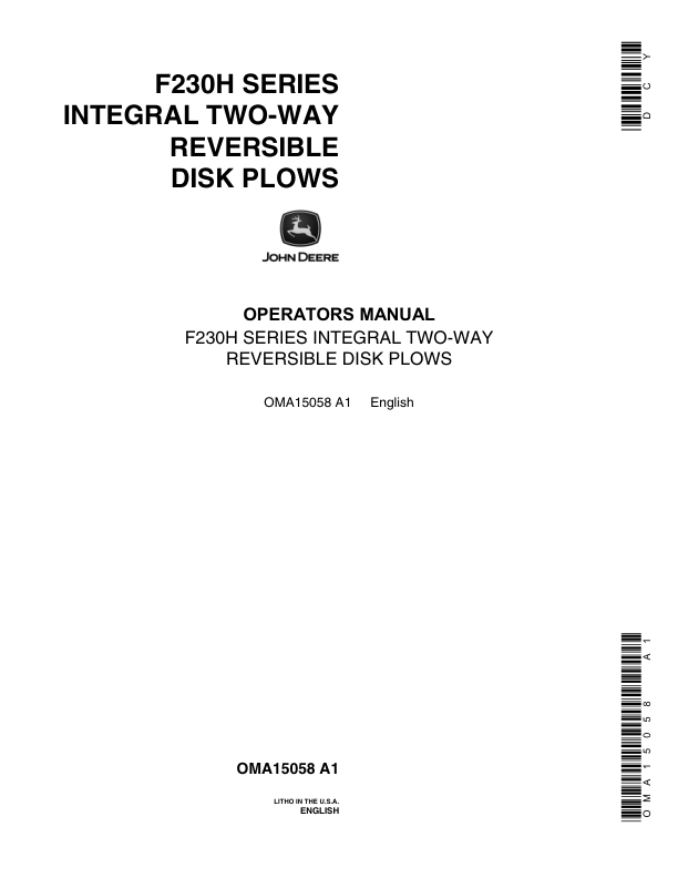 John Deere F230H Disk Plow Operator's Manual (OMA15058)