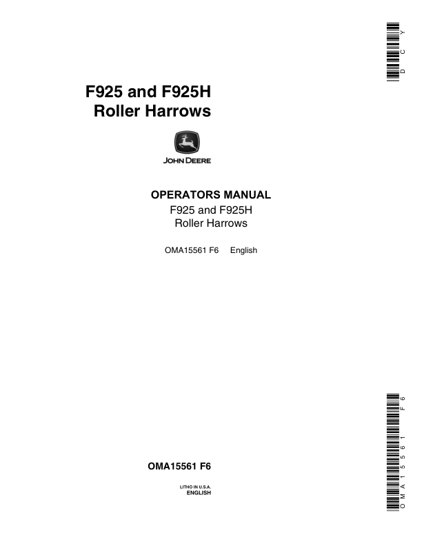 John Deere F925 , F925H Roller Harrows Operator's Manual (OMA15561)
