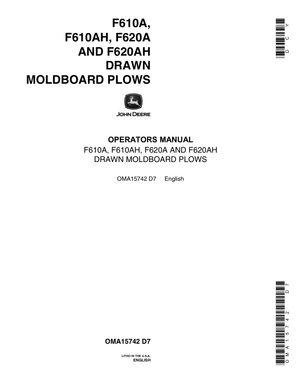 John Deere F610A, F610AH, F620A, F620AH Drawn Moldboard Plows Operator's Manual (OMA15742)