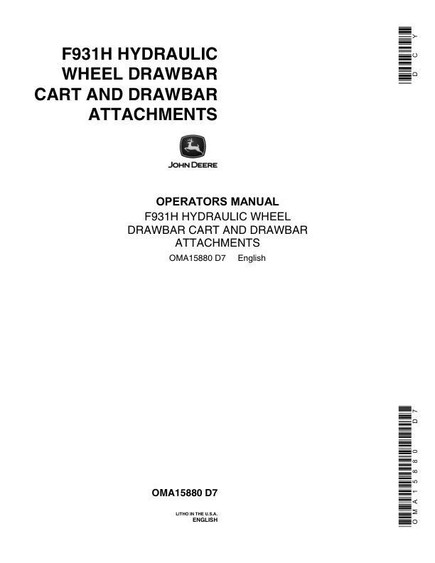 John Deere F931H Hydraulic Wheel Drawbar Cart & Attachments Operator's Manual (OMA15880)