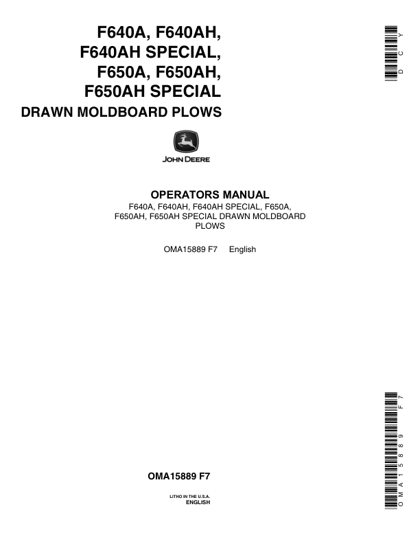 John Deere F640A, F640AH, F650A, F650AH Moldboard Plow Operator's Manual (OMA15889)