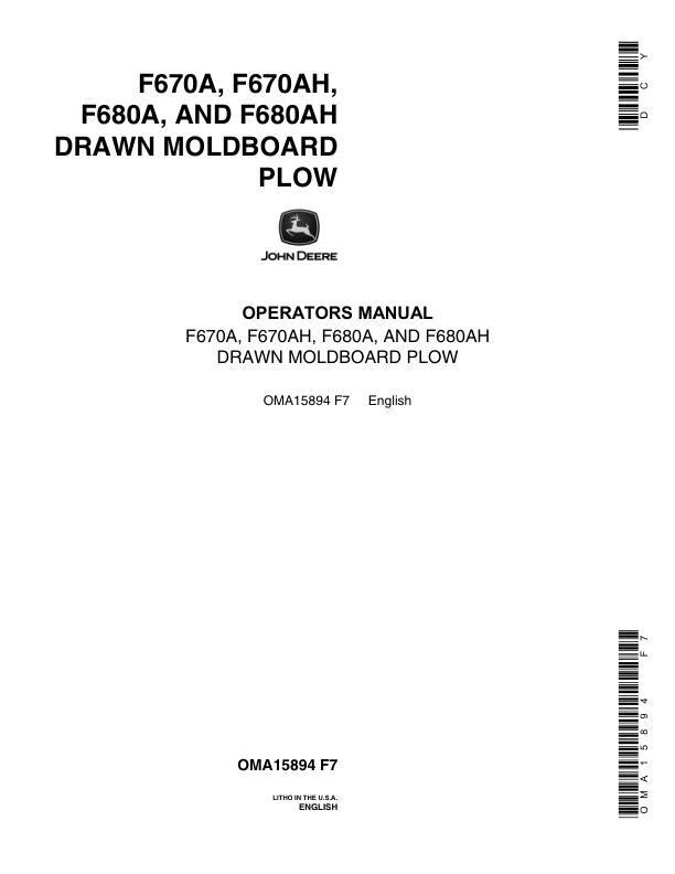 John Deere F670A, F670AH, F680A, F680AH Moldboard Plow Operator's Manual (OMA15894)
