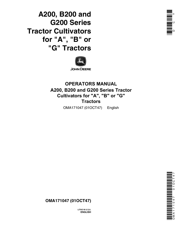 John Deere A200, B200, G200 Series Tractor Cultivators Operator's Manual (OMA171047)