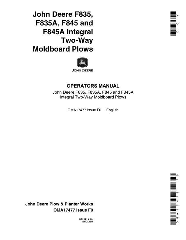 John Deere F835, F835A, F845, F845A Moldboard Plow Operator's Manual (OMA17477)