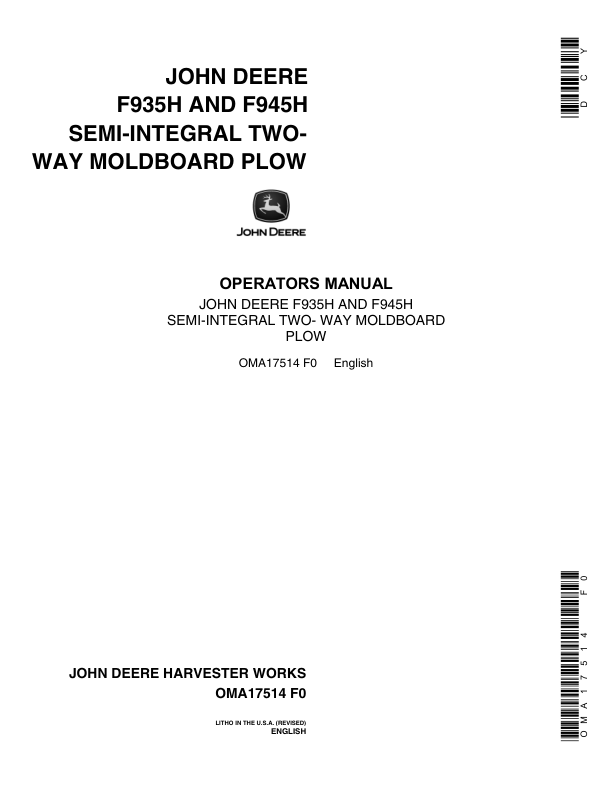 John Deere F935H, F945H Moldboard Plows Operator's Manual (OMA17514)