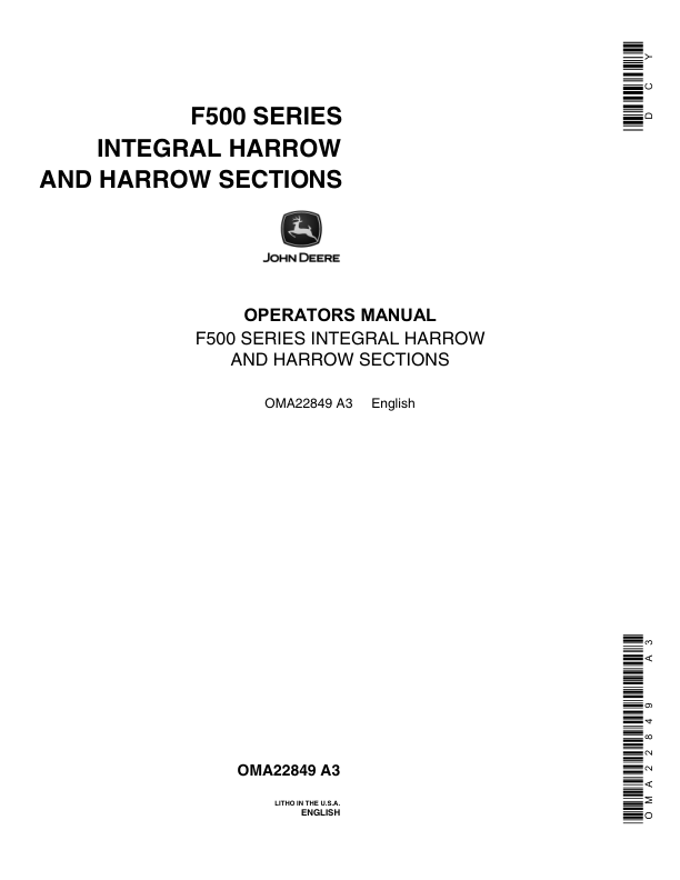 John Deere 500 Series Integral Harrow & Harrow Sections Operator's Manual (OMA22849)
