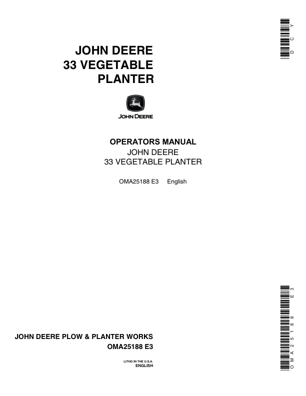 John Deere 33 Vegetable Planter Operator's Manual (OMA25188)