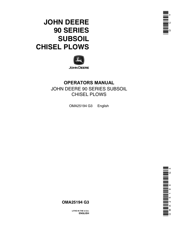 John Deere 90 Series Subsoil Chiesel Plows Operator's Manual (OMA25194)