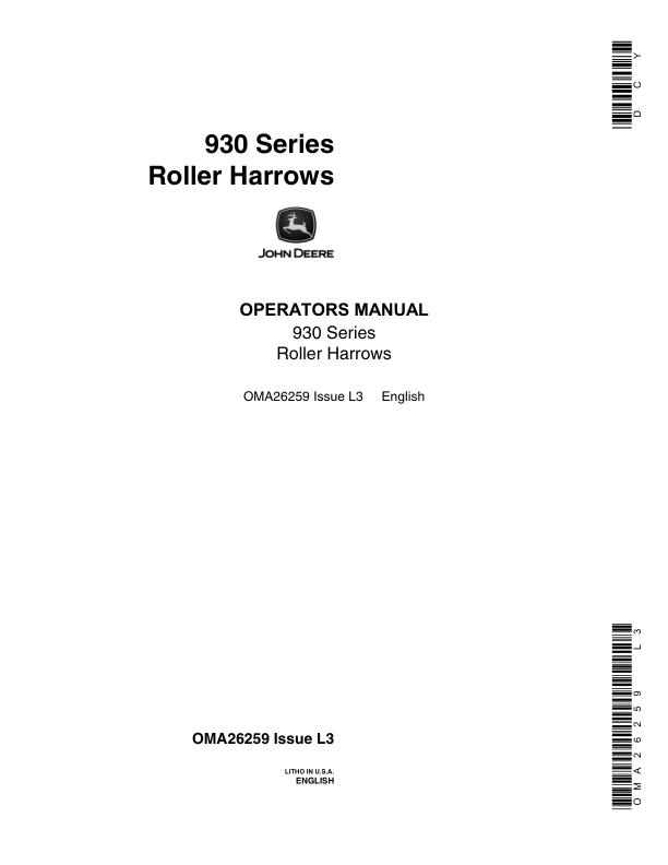 John Deere 930 Series Roller Harrows Operator's Manual (OMA26259)