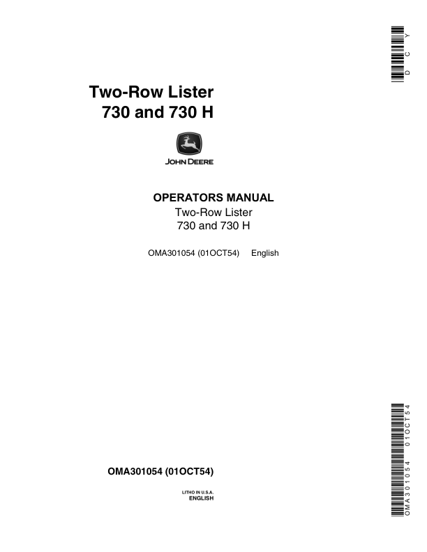 John Deere 730, 730H Lister Planters Operator's Manual (OMA301054)