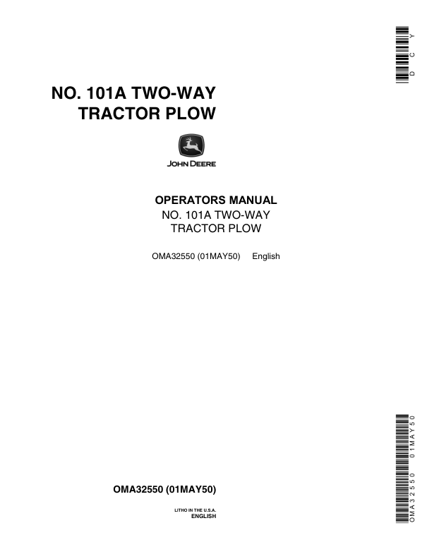 John Deere 101A Two-Way Drawn Moldboard Plow Operator's Manual (OMA32550)