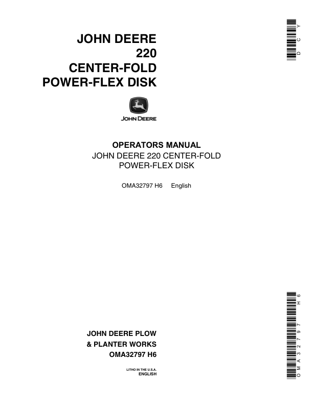John Deere 220 Center Fold Power Flex Disk Operator's Manual (OMA32797)