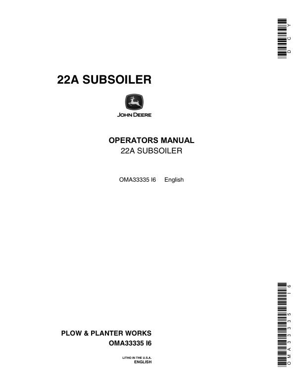 John Deere 22A Subsoiler Plow Operator's Manual (OMA33335)