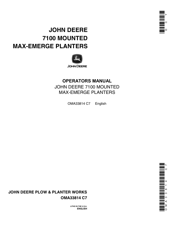John Deere 7100 Mounted MaxEmerge Planters North America (1975-1987) Operator's Manual (OMA33814)