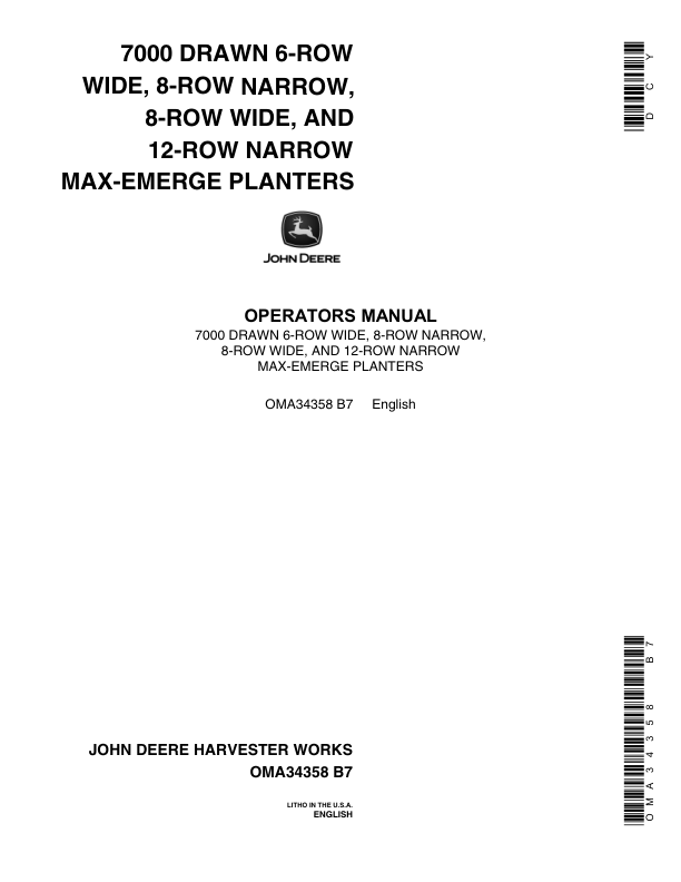 John Deere 7000 Drawn (Cotton & Corn) Planters Operator's Manual (OMA34358)