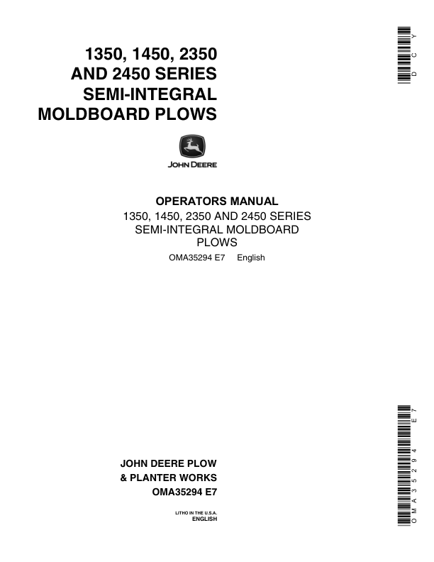 John Deere 1350, 1450, 2350, 2450 Series Semi-Integral Moldboard Plows Operator's Manual (OMA35294)