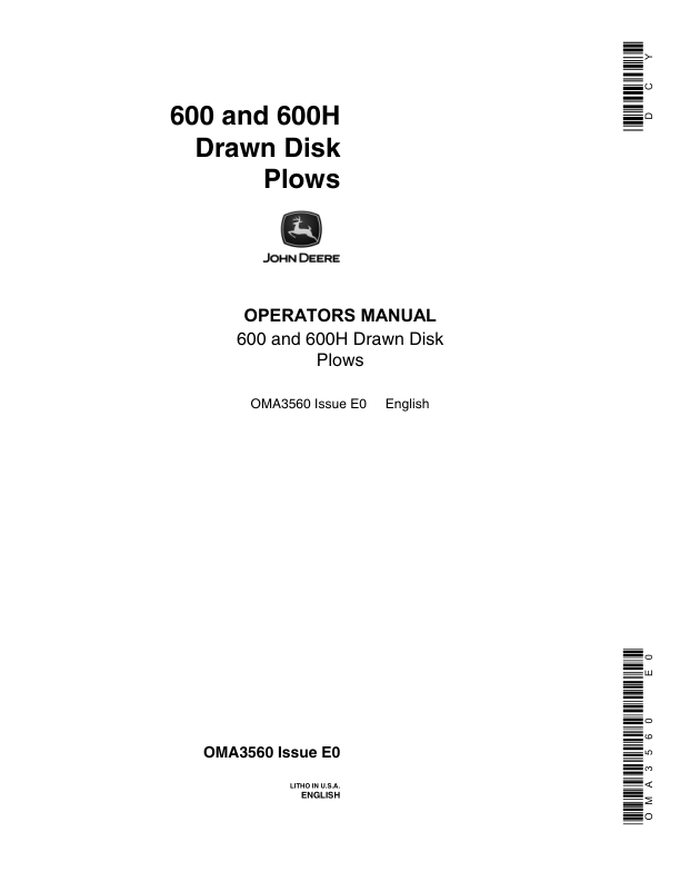 John Deere 600, 600H Drawn Disk Plow Operator's Manual (OMA3560)