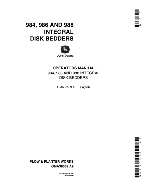 John Deere 984, 986, 988 Intergral Disk Bedder Operator's Manual (OMA38569)