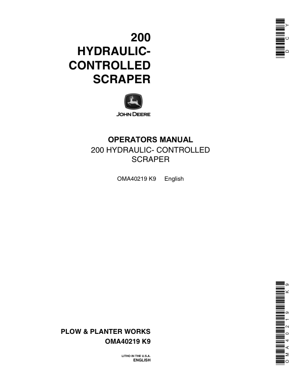John Deere 200 Hydraulic-Controlled Scraper Operator's Manual (OMA40219)