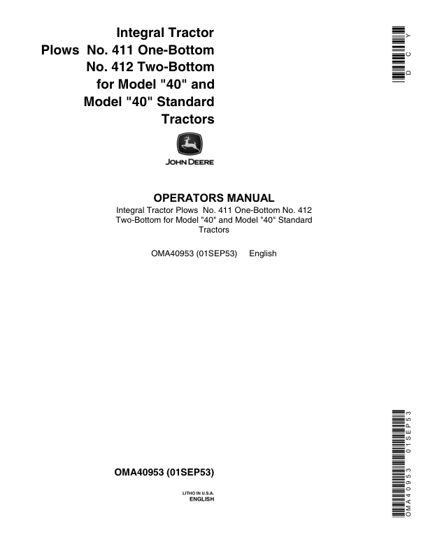 John Deere 412 Integral Moldboard Plow Operator's Manual (OMA40953)