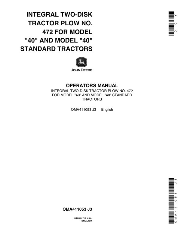 John Deere Integral Two-Disk Tractor Plow No. 472 Operator's Manual (OMA411053)