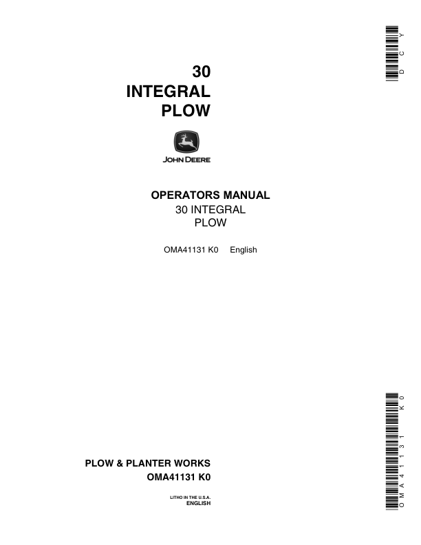 John Deere 30 Integral Plow Operator's Manual (OMA41131)