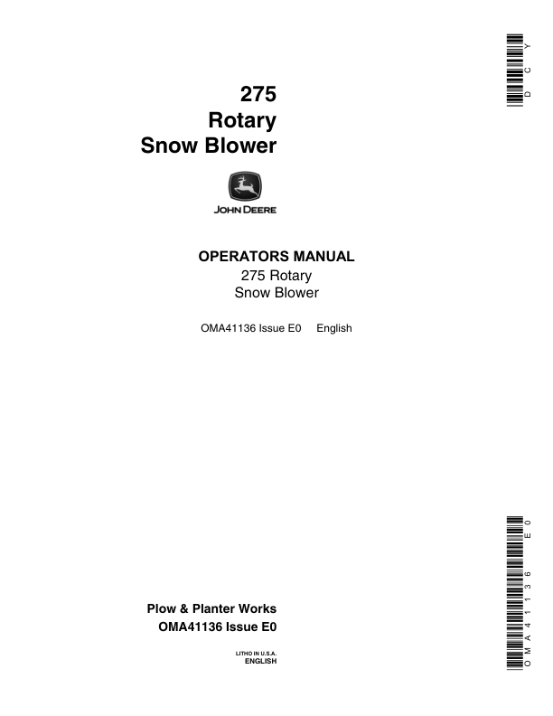 John Deere 275 Rotary Snow Blower Operator's Manual (OMA41136)