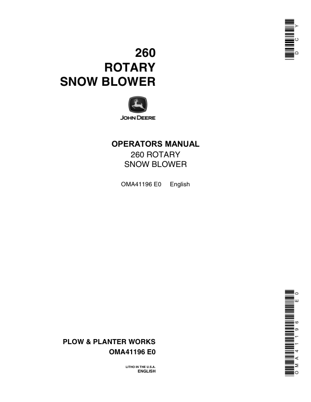 John Deere 260 Rotary Snow Blower Operator's Manual (OMA41196)