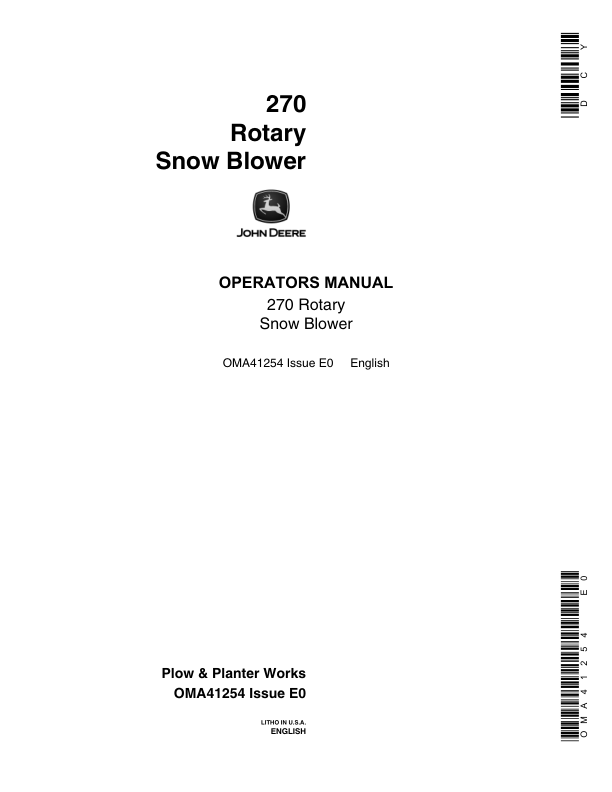John Deere 270 Rotary Snow Blower Operator's Manual (OMA41254)